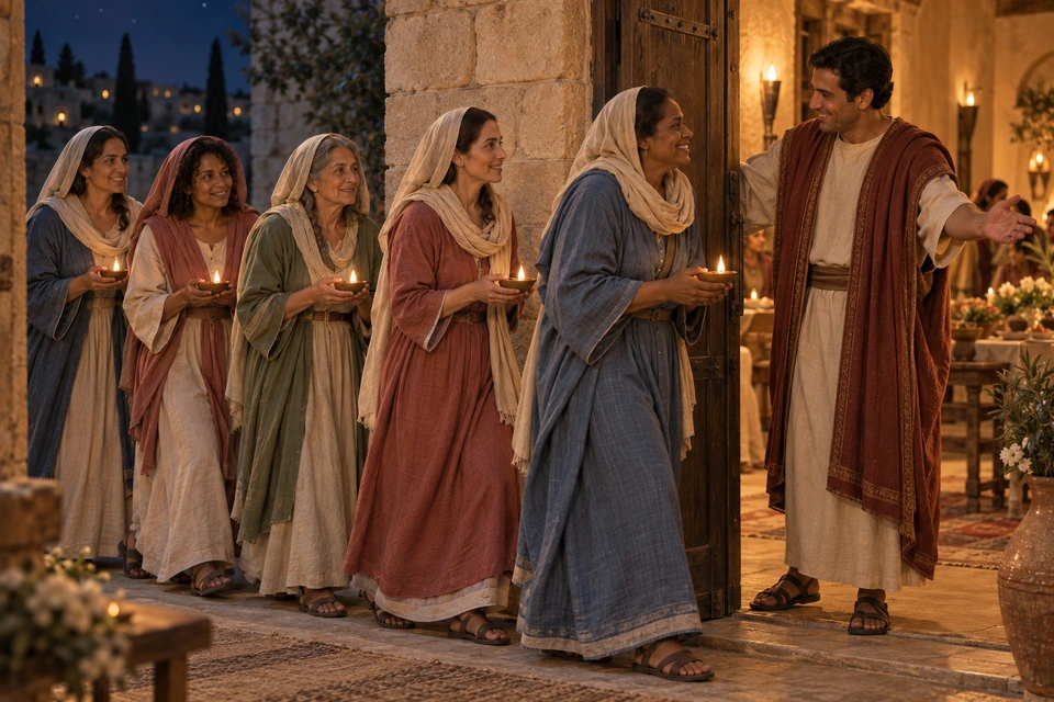 Five women carrying lit lamps approach an open doorway where a clean-shaven bridegroom welcomes them.