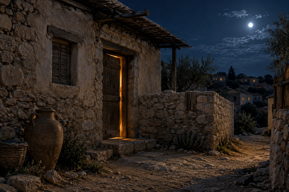 Moonlight falls on a stone house, with warm light shining around its wooden door and shuttered window.