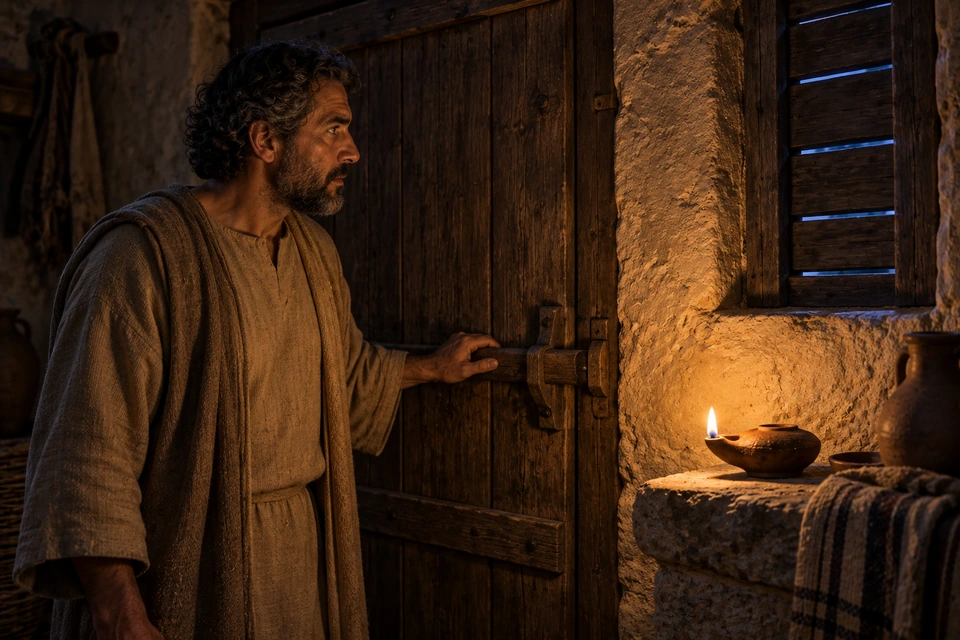 A man rests a hand on a wooden door bolt beside a burning oil lamp and a shuttered window.