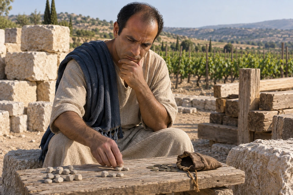 A seated man in a cream tunic and blue wrap considers small stones and coins on a wooden board, with building stones and timbers nearby.