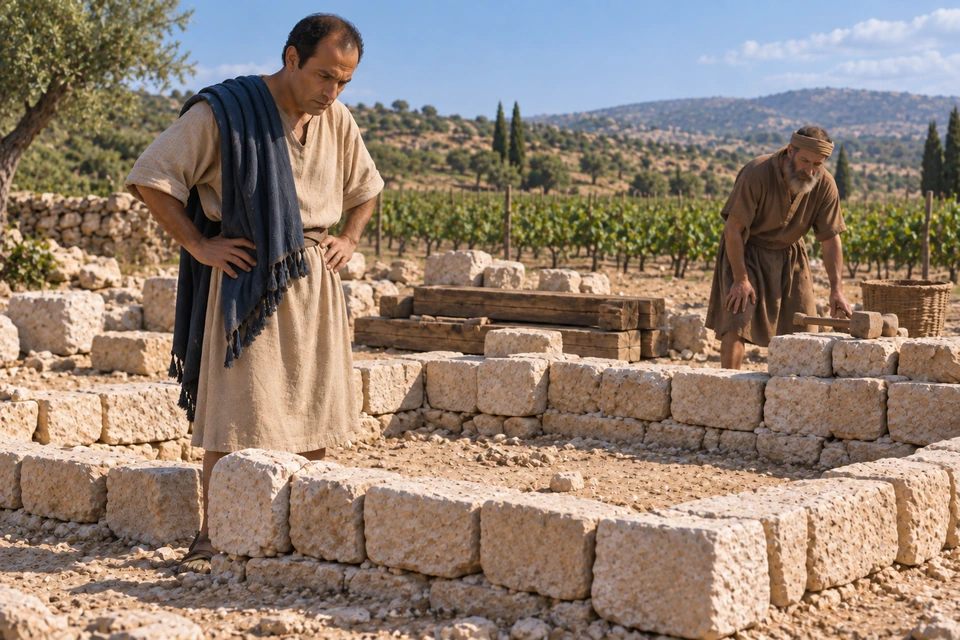 The same man stands with his hands on his hips beside low courses of stone while a gray-bearded worker bends near tools and stacked timber.