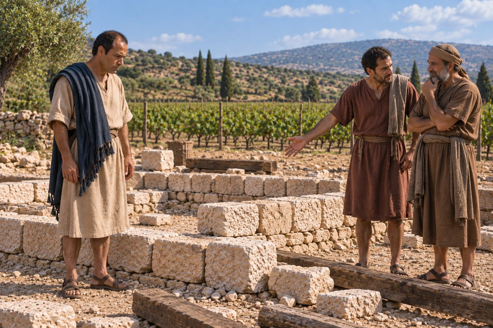 The builder stands beside the unfinished stonework while a younger man gestures toward it and speaks with a gray-bearded man in a head wrap.