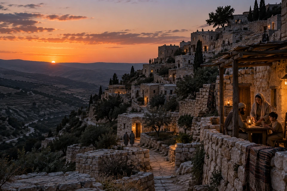 Stone houses rise on a hillside at dusk, with people gathered at a table in the foreground.