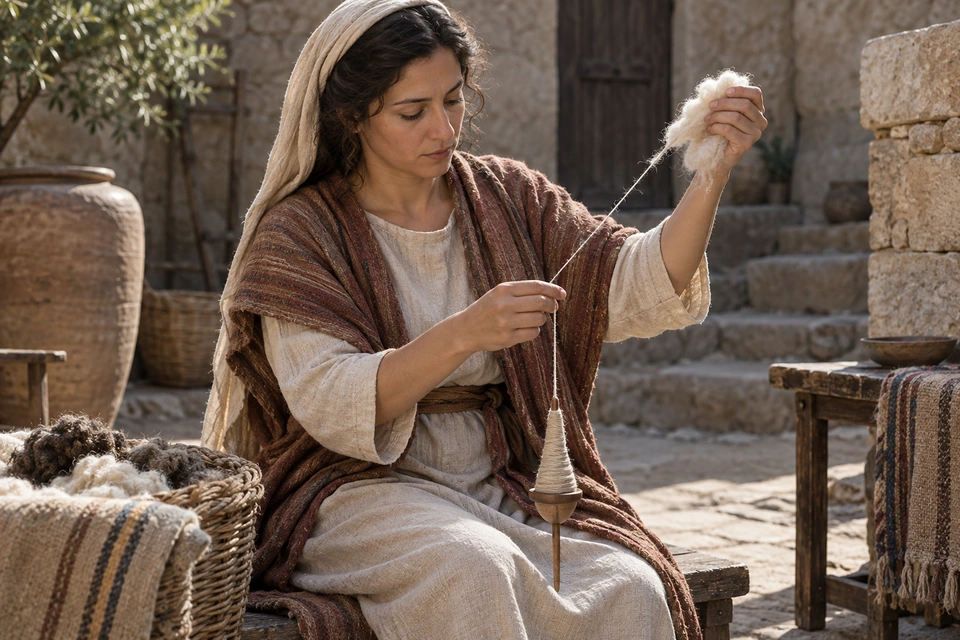 A woman draws wool into a thread connected to a suspended hand spindle.