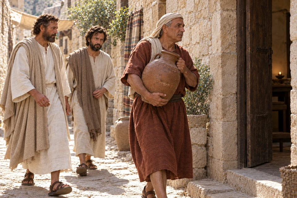 Peter and John follow a man carrying a clay water jar toward a doorway.