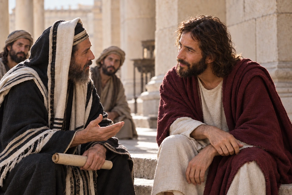 Jesus and a seated scribe face one another in conversation as the scribe gestures with an open hand.
