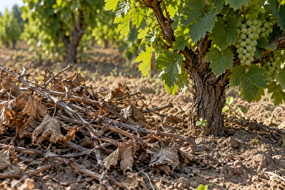 Dry detached branches lie gathered beside a green grapevine bearing fruit.