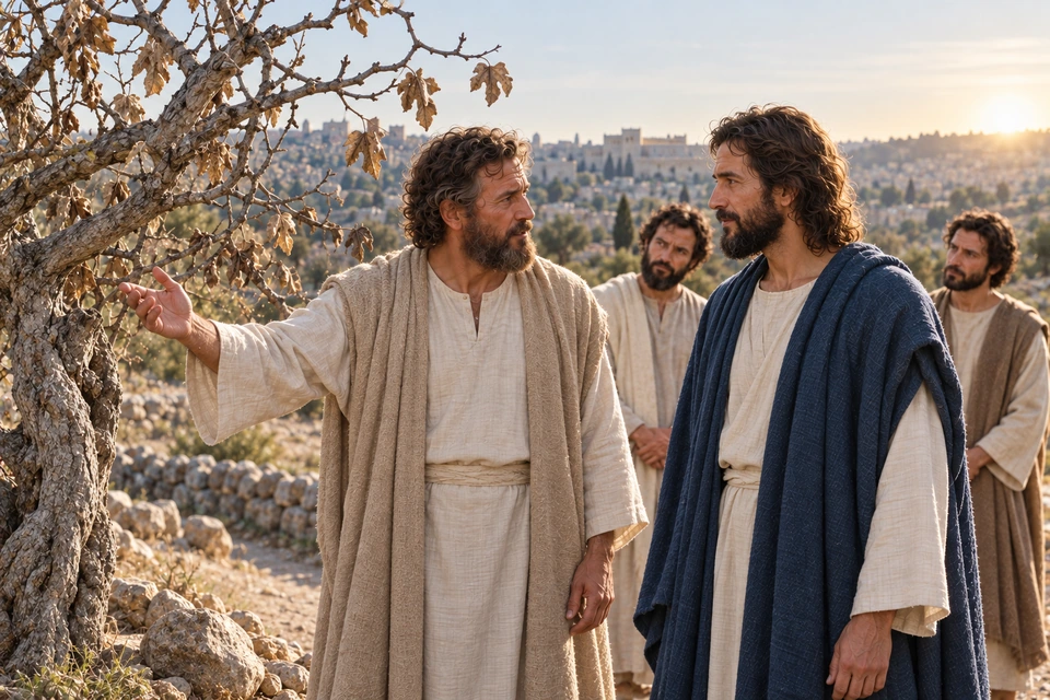 Peter gestures toward a withered fig tree as Jesus listens beside the morning road.