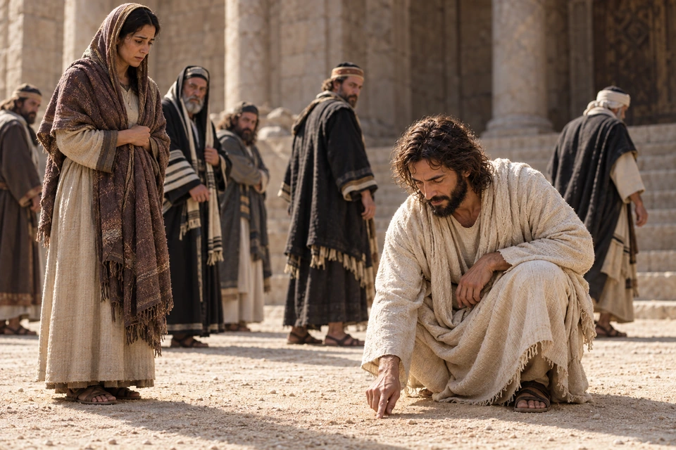 Jesus bends down to write on the ground while the woman stands nearby and men begin to leave.