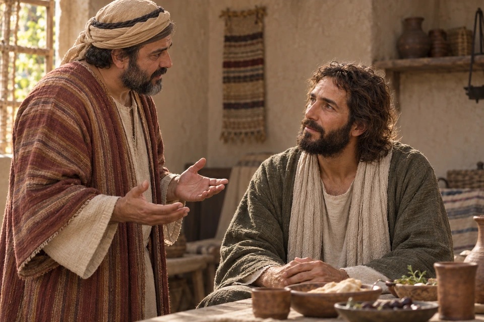 Zacchaeus speaks with open hands as Jesus listens across a simple meal.