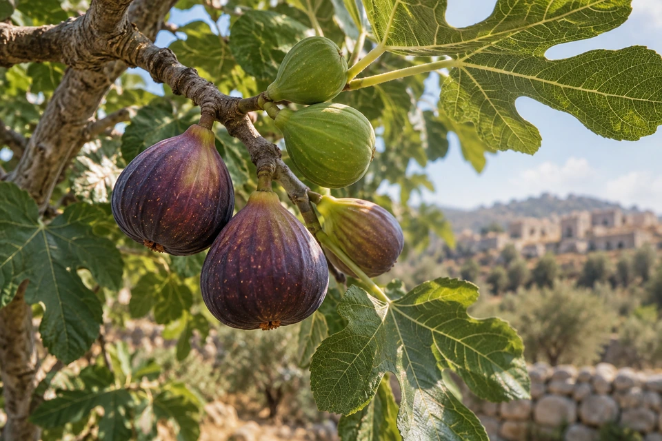 Green and purple figs hang from a branch among broad lobed leaves, with a sunlit hillside beyond.