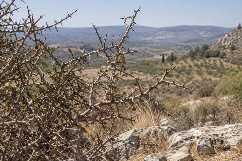 A thorn-covered shrub with sparse small leaves grows among rocks on a dry hillside; no figs or grapes are visible.