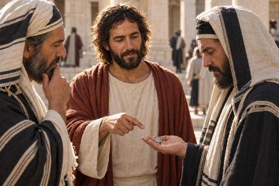 Jesus points toward a small coin held in a questioner’s open palm.