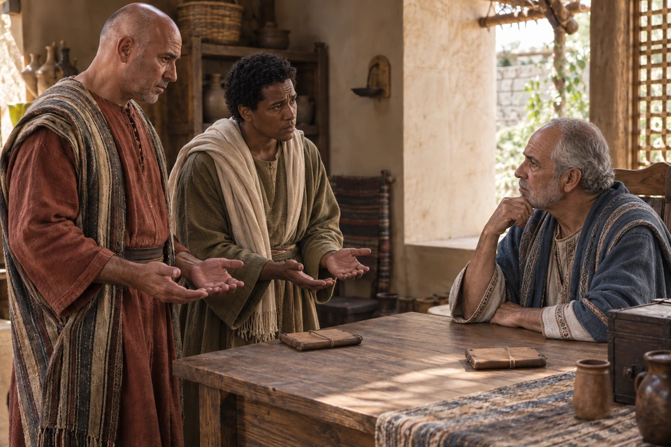 Two men stand with open hands before a seated older creditor, with closed tablets on the table.