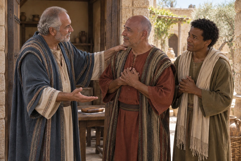 The older creditor rests a hand on one debtor's shoulder and opens his other palm while both debtors face him.