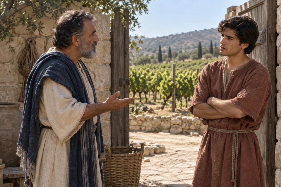 A gray-bearded father speaks with an open hand toward a young man in a rust-colored tunic who stands with folded arms beside a vineyard gate.