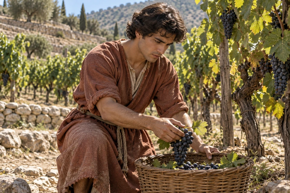 The same young man in a rust-colored tunic bends beside a vine and lowers a bunch of grapes toward a woven basket.