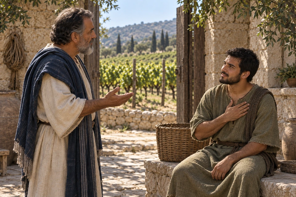 The father speaks to a seated, short-bearded young man in an olive tunic who places a hand against his chest.