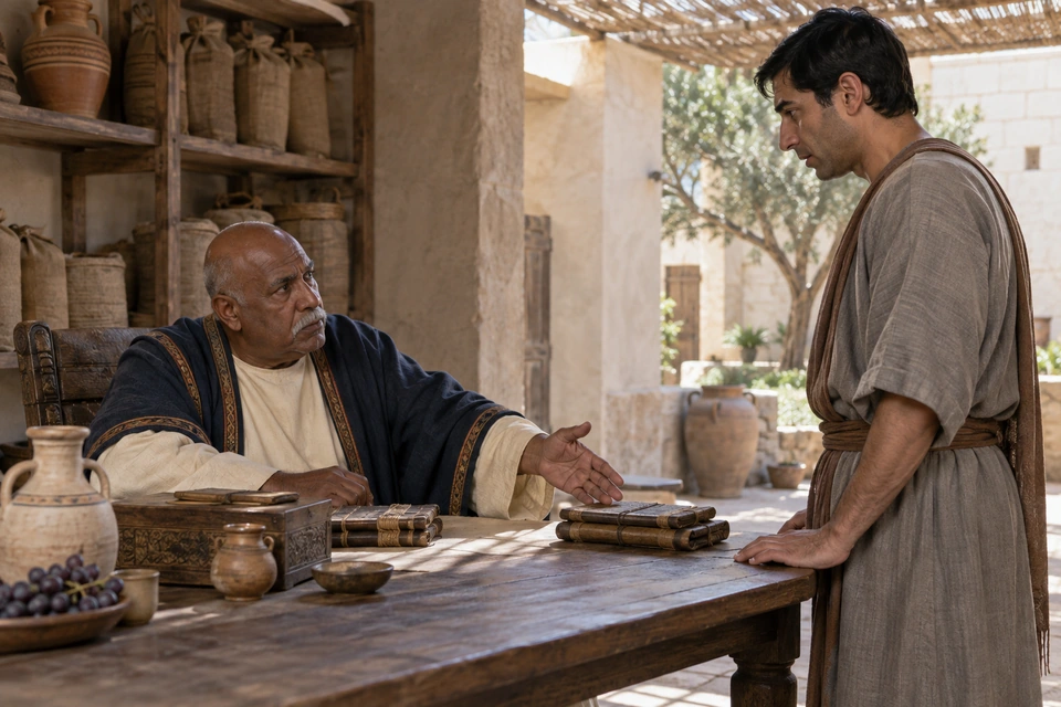 An older master seated behind a table gestures toward bound writing tablets while a younger dark-haired steward stands opposite with his hands on the table.