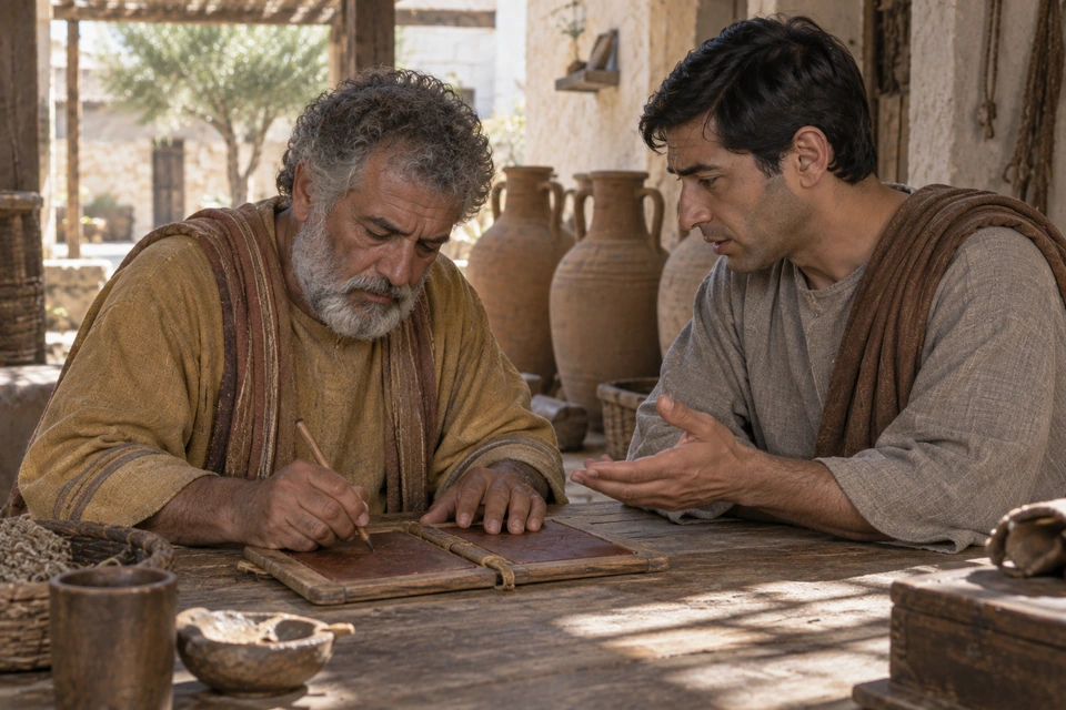 A gray-bearded man in ochre writes on an open tablet while the steward leans beside him with an open hand; large storage jars stand behind them.