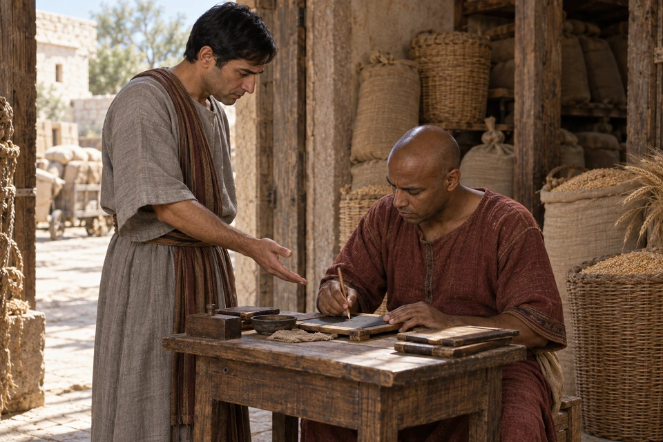 A bald man in a rust tunic writes on a tablet beside sacks and baskets of grain while the steward stands next to him and gestures toward the account.