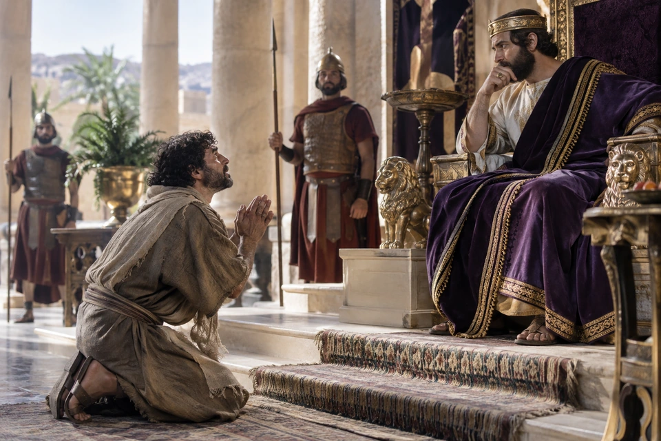A kneeling servant raises his hands toward a seated king while two guards stand behind him.