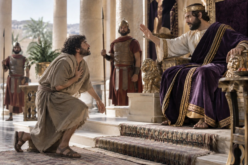 A king extends an open hand toward a servant who rises with one hand against his chest.