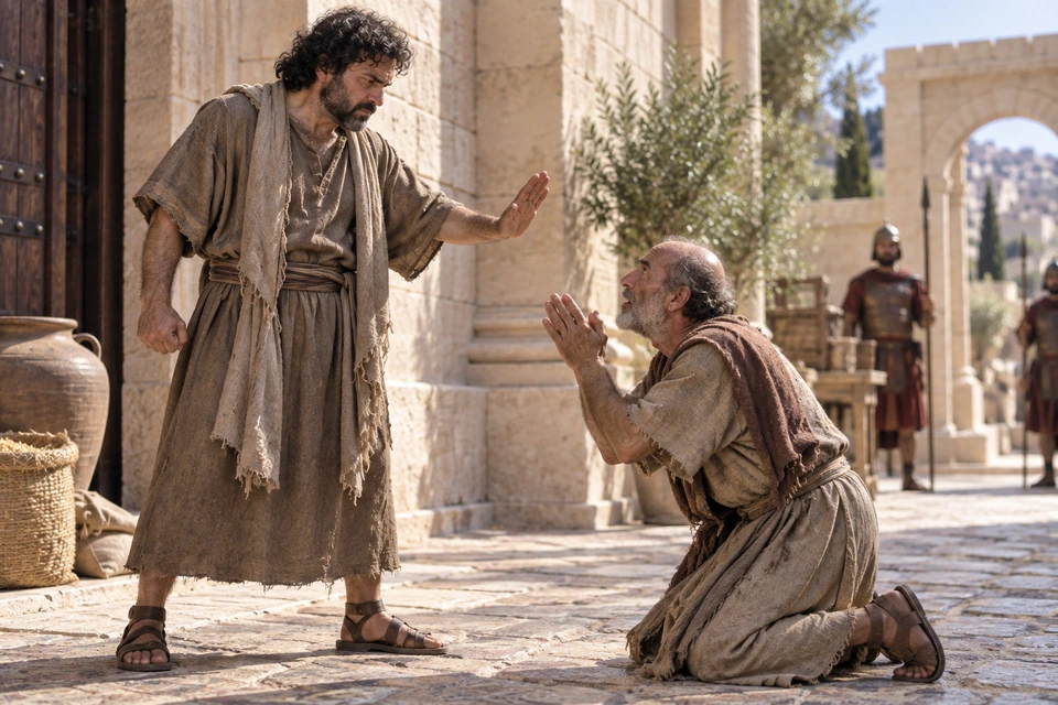 An older man kneels with raised hands before a stern standing servant who lifts a refusing palm.