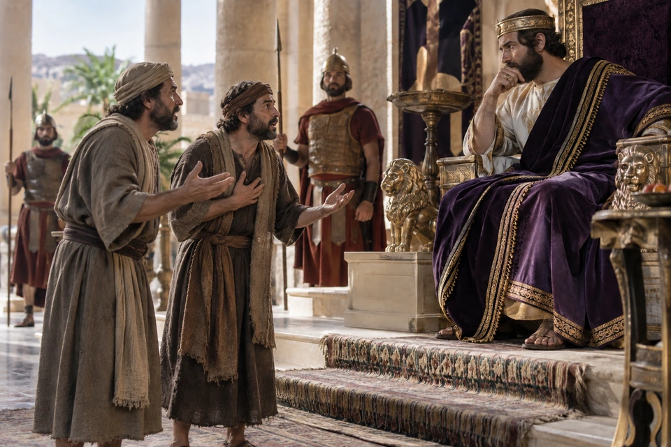 Two concerned servants gesture toward a seated king in the royal hall.