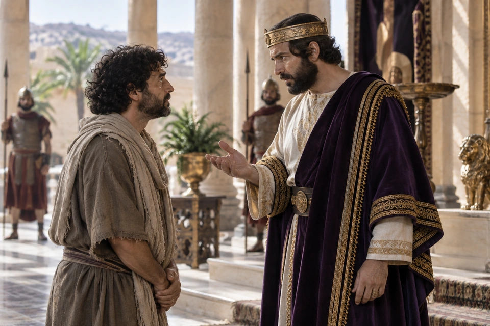 A king in a purple robe stands before a servant with clasped hands and addresses him with an open palm.