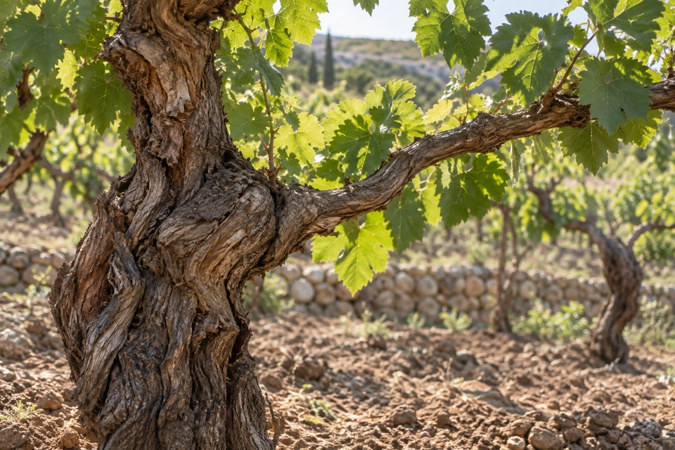 A thick leafy branch grows from the weathered trunk of a grapevine in a stony vineyard.