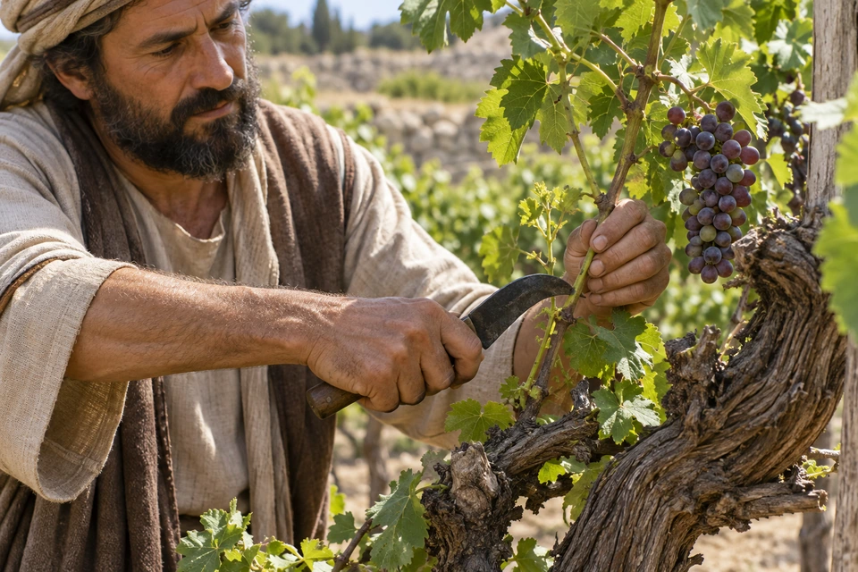 A vineyard keeper holds a slender green shoot while positioning a curved pruning knife beside it.