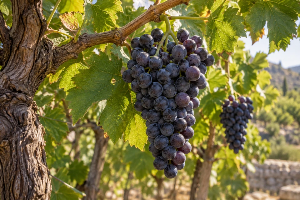 A cluster of dark grapes hangs from a stem attached to a leafy branch beside a weathered vine trunk.