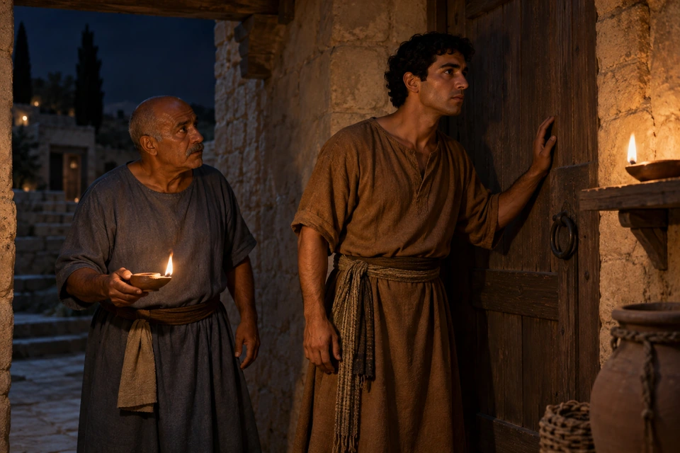 Two belted servants wait beside a closed wooden door at night, the older man holding a lit clay lamp while the younger attends toward the door.
