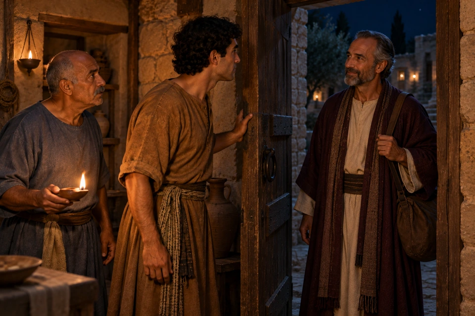 A young servant holds the door open from inside while an older servant carries a lamp and their gray-bearded master stands outside the threshold.