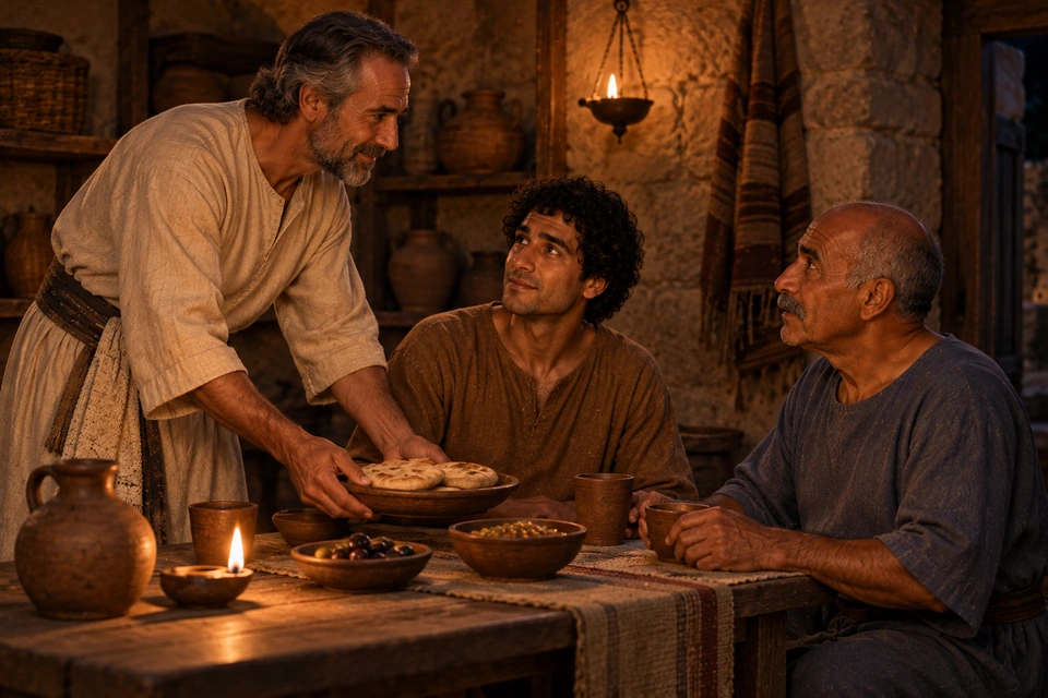 The master, wearing a tied waist cloth over his cream tunic, sets a platter of bread before the two seated servants.