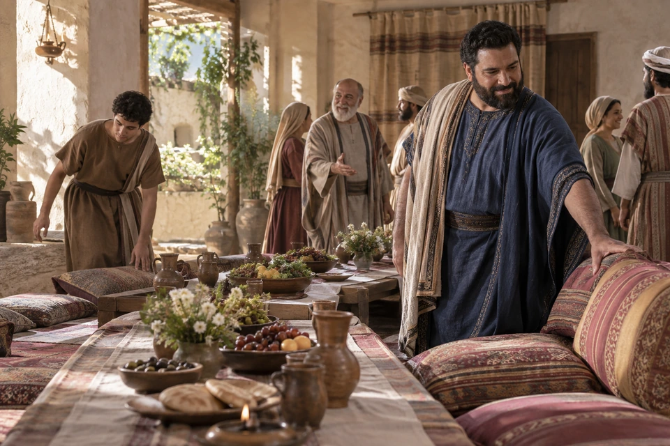 A dark-bearded guest in blue rests his hand on a prominent patterned cushion while a younger guest in brown attends to a lower place beside the table and an older host stands behind.