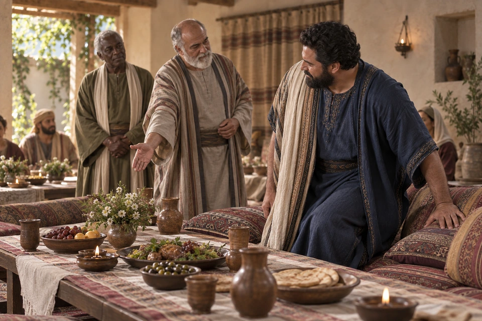 The older host gestures beside the table as the blue-clothed guest turns toward him with a hand on the cushion; a gray-haired guest in green waits behind the host.