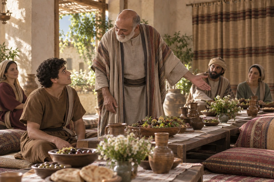 The older host bends toward the seated young man in brown and extends an open hand toward another place at the table while they meet each other's gaze.
