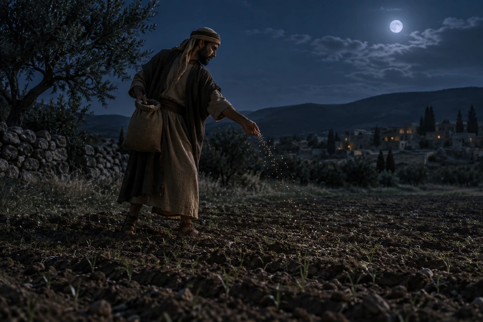 A man scatters seed through planted furrows beneath a moonlit sky.