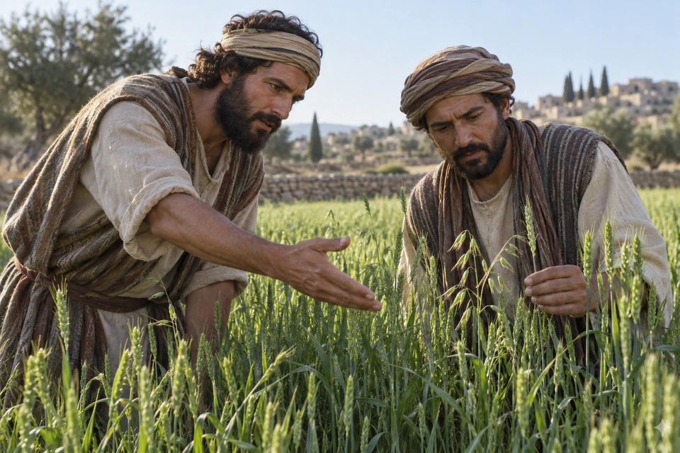 Two men examine grain and taller grasslike plants growing together in a field.