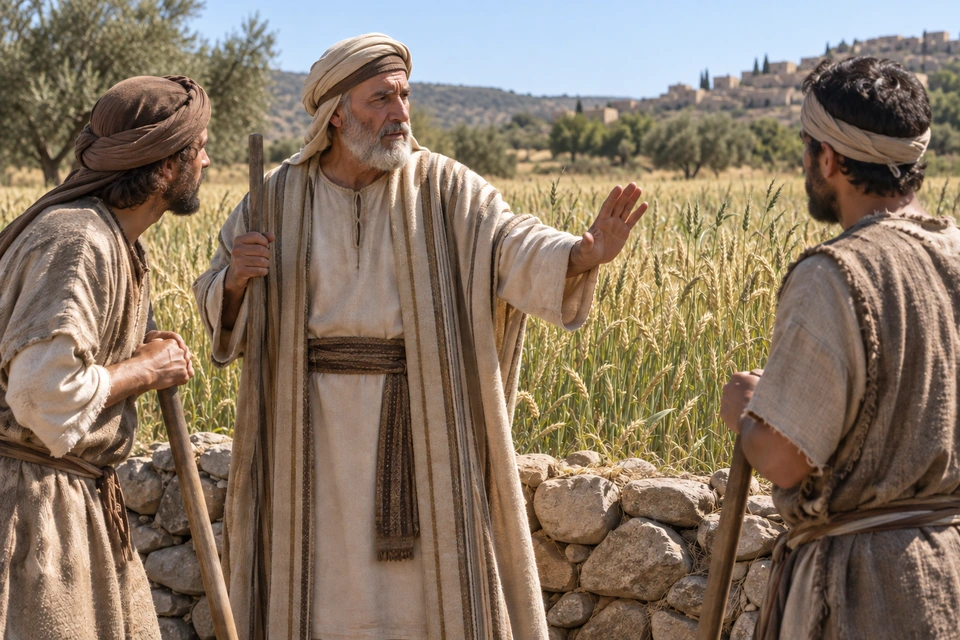 An older man raises an open hand toward two workers beside a field of grain and slender grasslike plants.