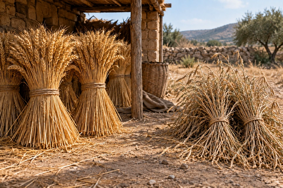 Full golden grain sheaves stand under a shelter beside separate bundles of thinner dried grasses.