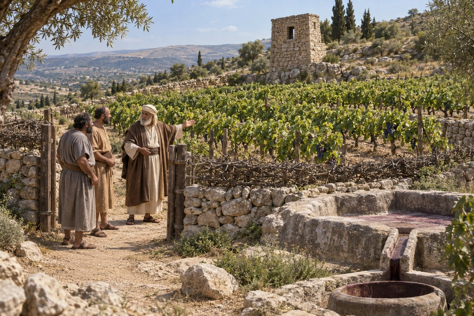 An older vineyard owner gestures toward vines, a stone tower and a winepress while two tenants listen at the gate.