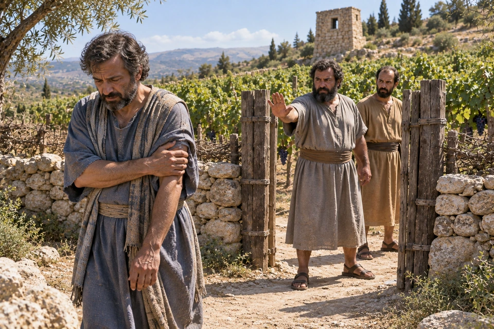 A servant in blue walks away holding his upper arm while two tenants remain at the vineyard gate, one raising a refusing hand.