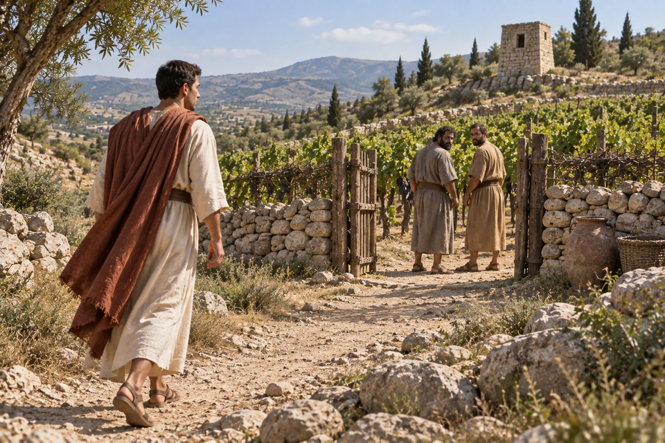 A young man in a cream tunic and rust-colored mantle approaches a vineyard gate where two tenants look back toward him.