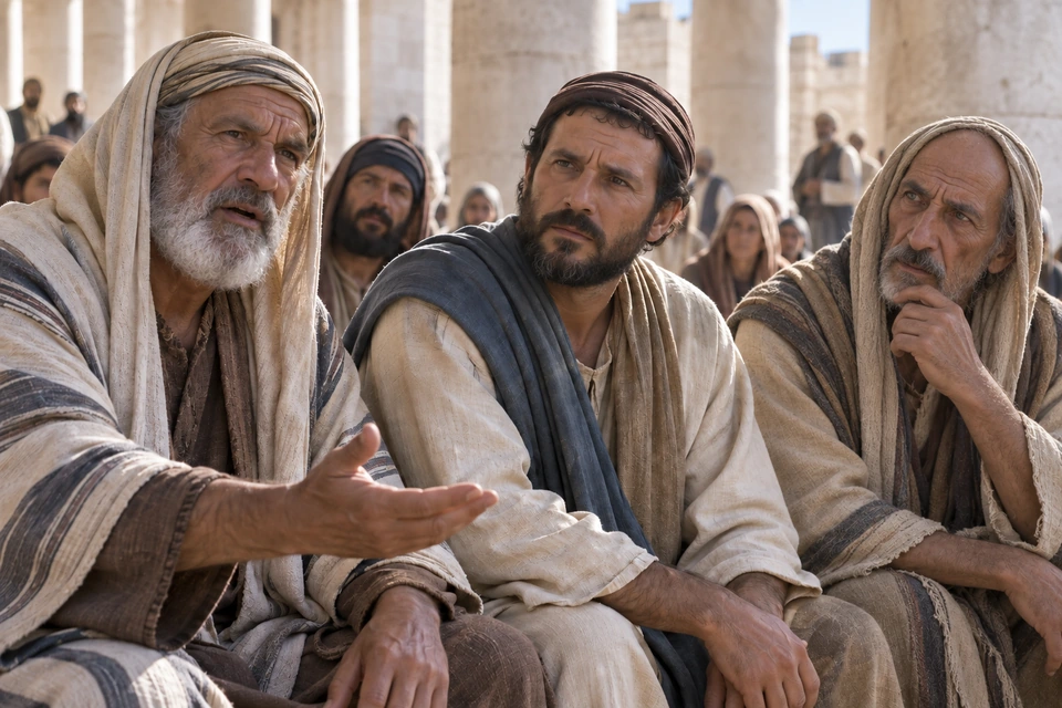 Three distinct listeners sit beneath a stone colonnade: an older white-bearded man gestures, a dark-bearded man attends beside him, and a lean older man rests a hand at his chin.