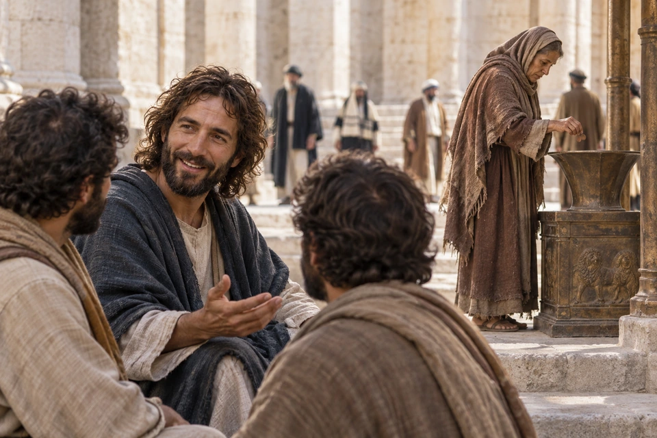 Jesus speaks to disciples while a woman places two small coins into a treasury receptacle.