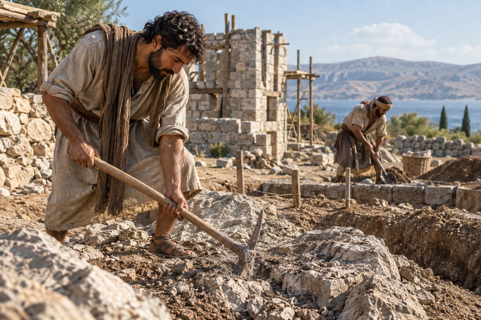 A worker digs through rocky soil with a long-handled tool while another works beside a foundation trench.