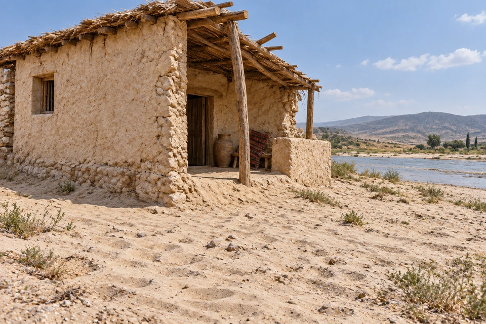 An intact stone-and-plaster house stands on pale sand beside a river in clear weather.